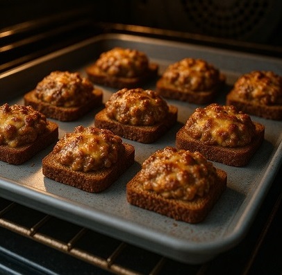 Cheddar Rye Rounds on a sheet pan, just out of the oven